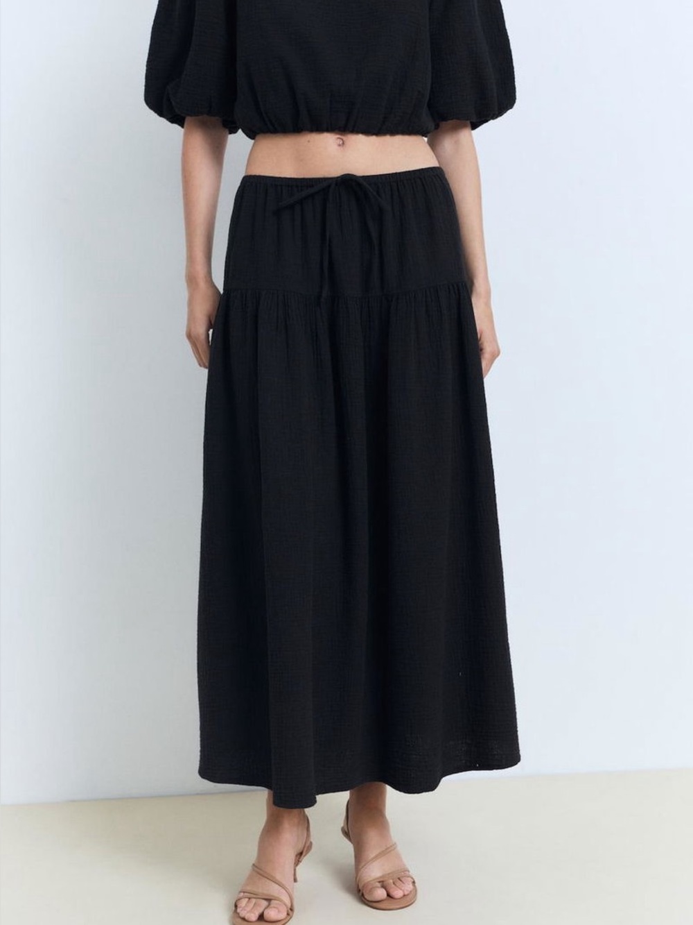 MNG Mango Black Cotton Gauze Drawstring Maxi Skirt Neutral Boho M